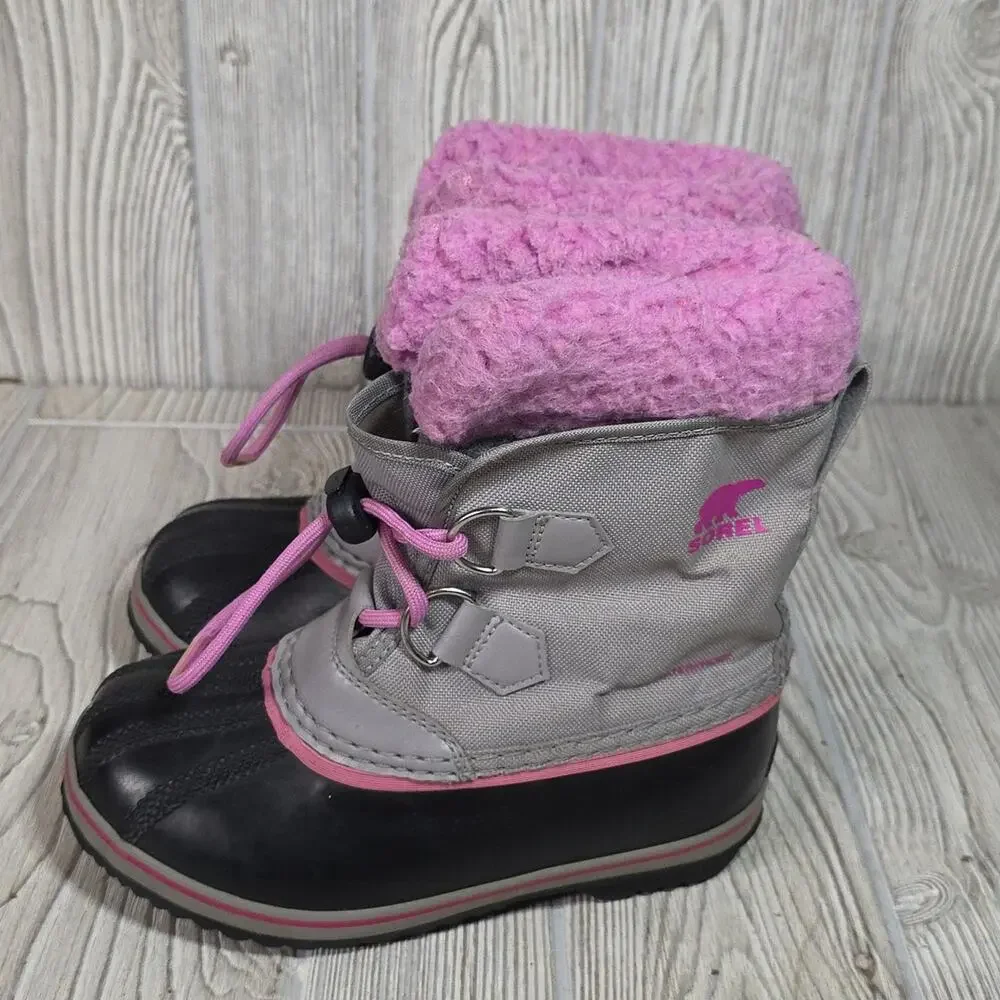 Sorel Yoot Pac Nylon Chrome Grey and Orchid Waterproof Winter Boots Kids Size 13